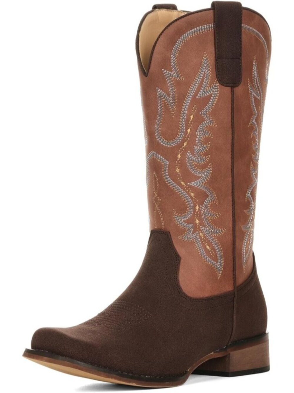 Women's Chocolate Western Square Toe Mid Calf Embroidered Chunky Heel Boots